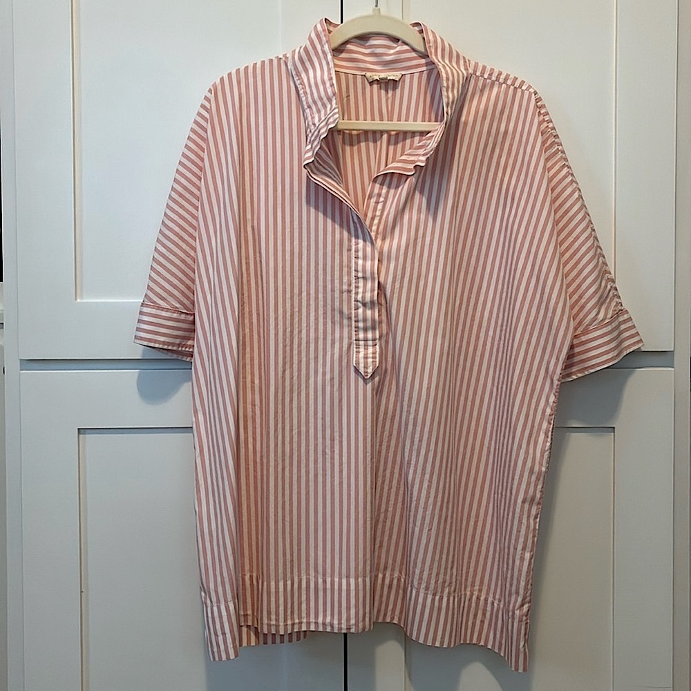 Pink and White Striped Short Sleeve Blouse